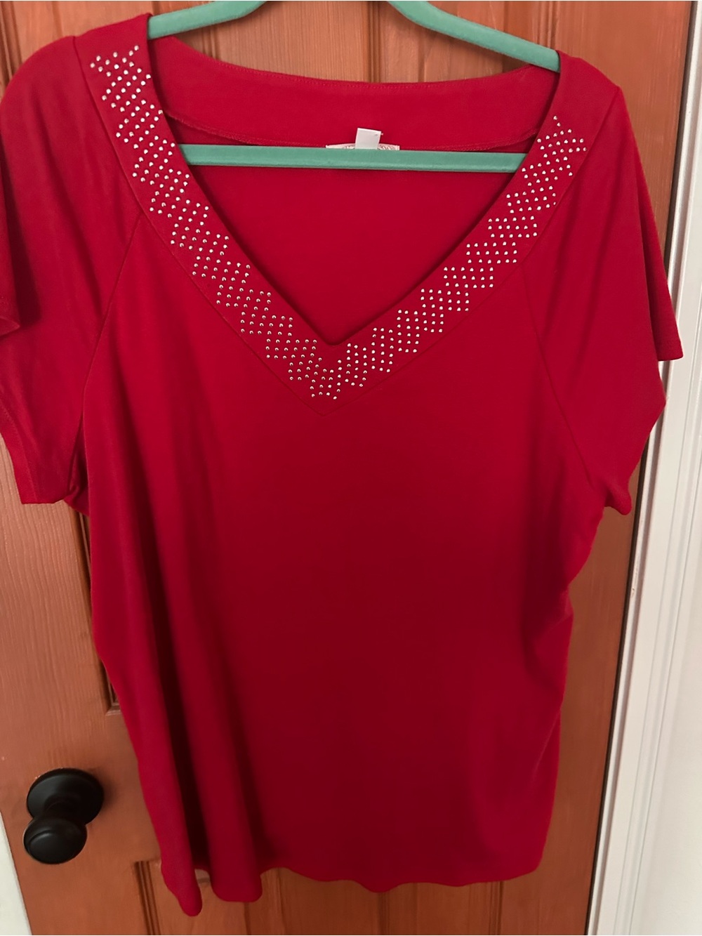 Women's Dressbarn Red V-Neck Top with Rhinestone Trim